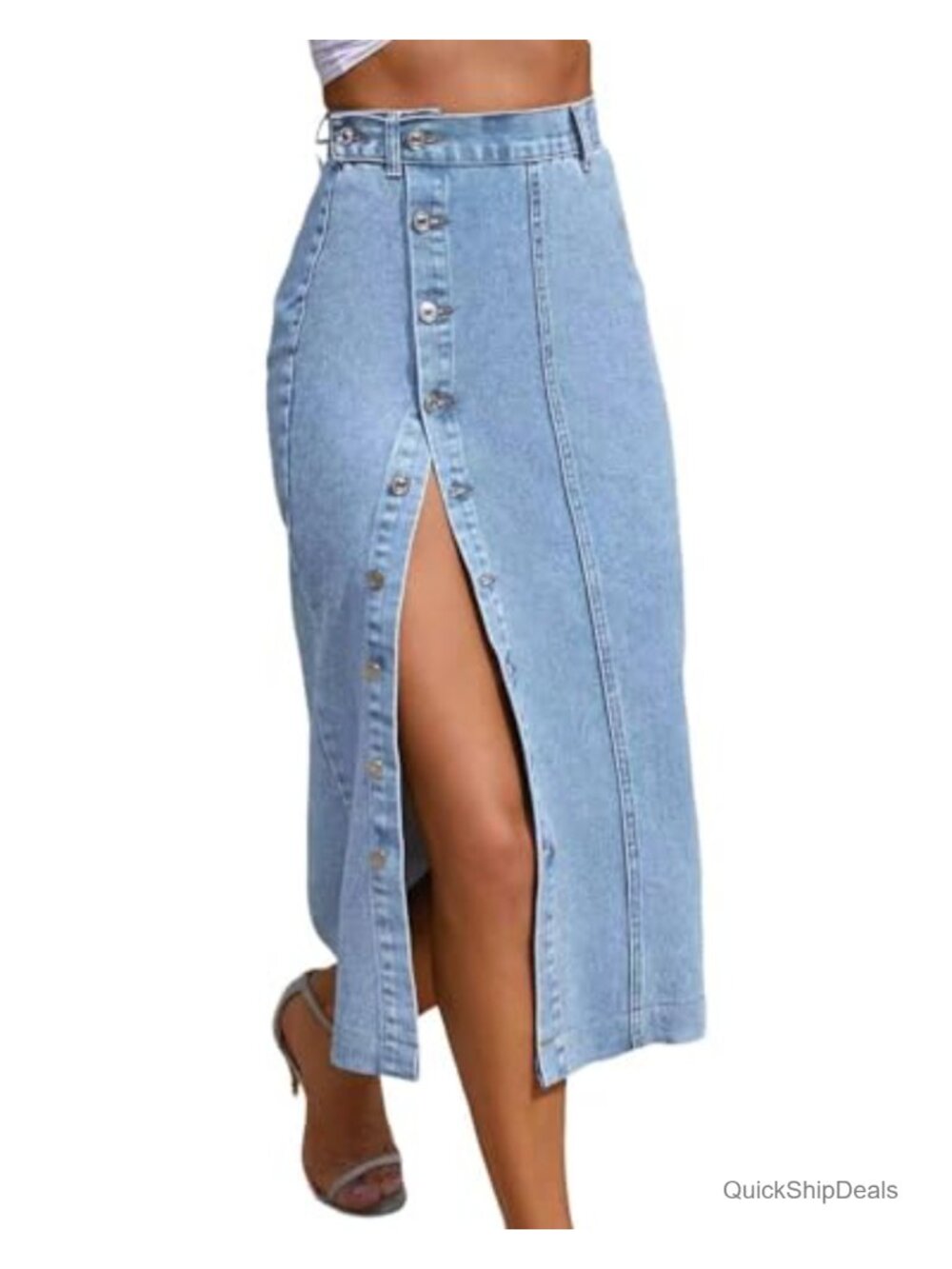 Women's Midi Denim Skirt Side Slit Button Front High Waist A-Line Stretch